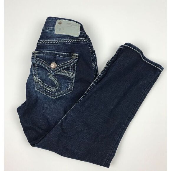 Silver‎ Women's Suki Flap Capri Cropped Thick Stitch Distressed Blue Jeans 25 - Picture 8 of 8